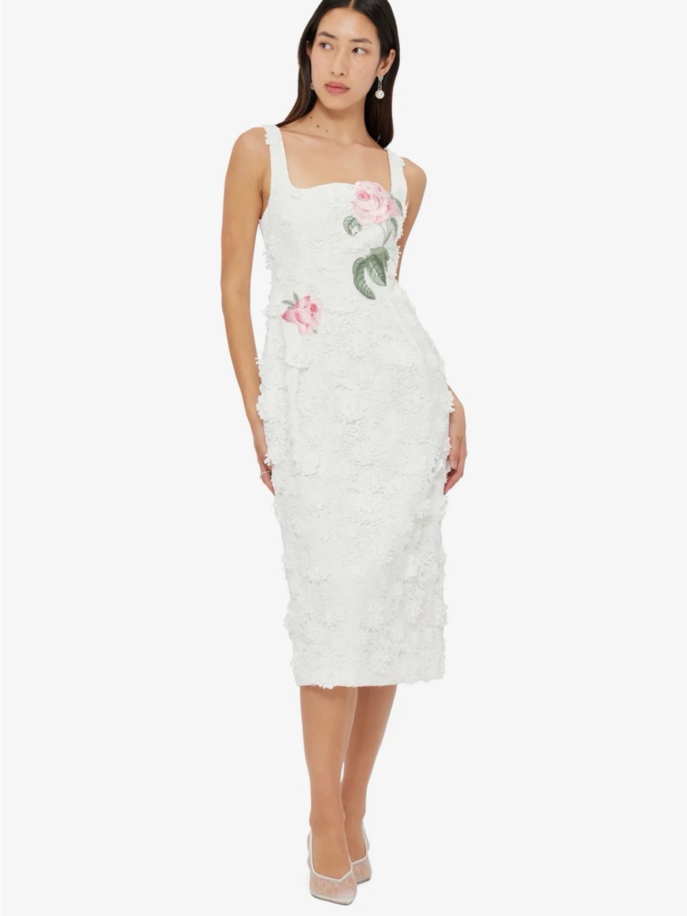 White Floral Appliqué Midi Dress with Pink Rose Accents